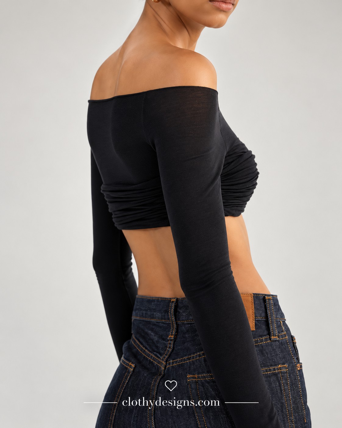 Women's Off-Shoulder Ruched Crop Top – Long Sleeve Sheer Knit Backless Slim-Fit Top